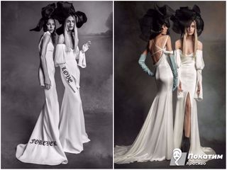 Так дизайнер Vera Wang видоизменила платье-рыбку. Правда, не все невесты готовы будут надеть черный бант вместо фаты. Коллаж автора «Покатим»